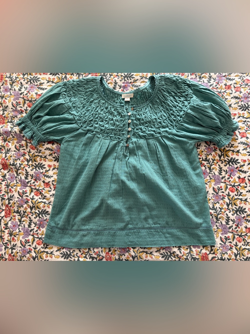 SUNDANCE smocked short-sleeve cotton peasant top - M/teal
